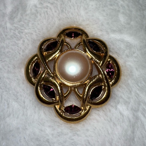 Monet Gold and crystal Purple stone Brooch with Pearl Center vintage look
